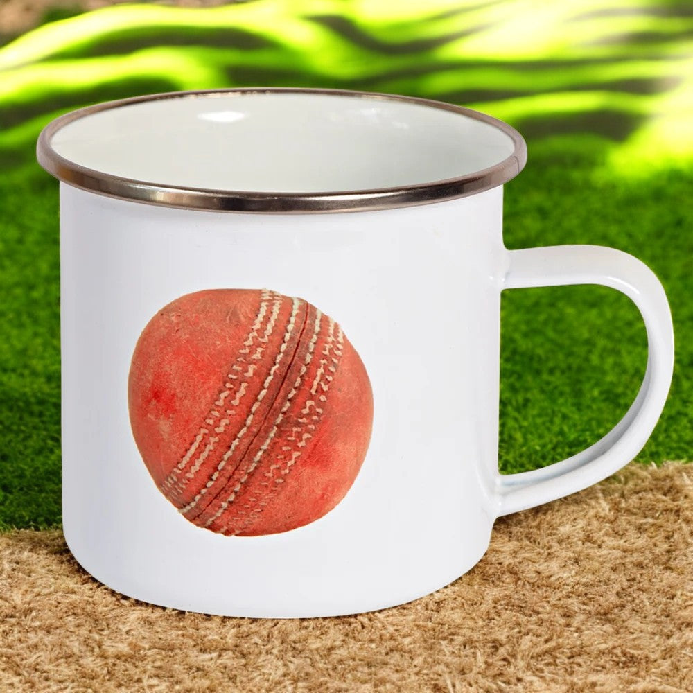 Vintage Cricket Ball Enamel Mug ? High-Resolution Print of Worn Cricket Ball ? Classic Lightweight & Shatterproof Camping Mug ? Perfect Gift for Cricket Lovers & Sports Enthusiasts