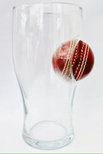 Load image into Gallery viewer, Cricket Ball Pint Glass - Gift for Men - 20oz Pint Glass with Mini Quality Leather Cricket Ball Embedded into The Glass
