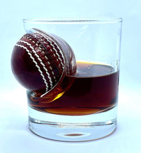 Load image into Gallery viewer, Cricket whisky glass | unique 12oz mixer glass with embedded souvenir mini cricket ball | cricket gift | made in uk | cricket gifts for men
