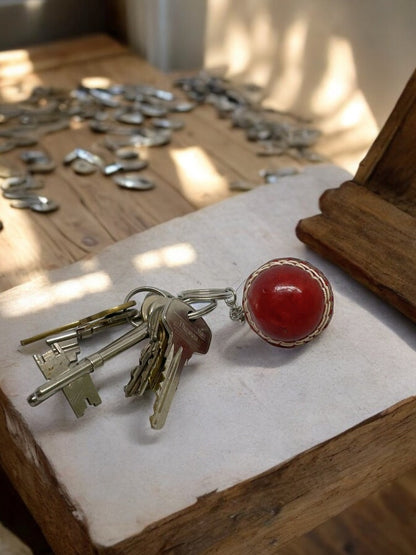 CRICKET-GIFTS - Mini Cricket Ball Keyring | Real Leather | 4cm Diameter | Cricket Themed for Men | Handmade in UK | Ideal for Cricket Fans, Red, Leather