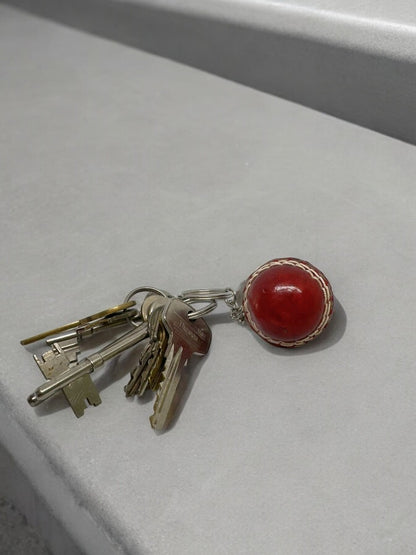 CRICKET-GIFTS - Mini Cricket Ball Keyring | Real Leather | 4cm Diameter | Cricket Themed for Men | Handmade in UK | Ideal for Cricket Fans, Red, Leather