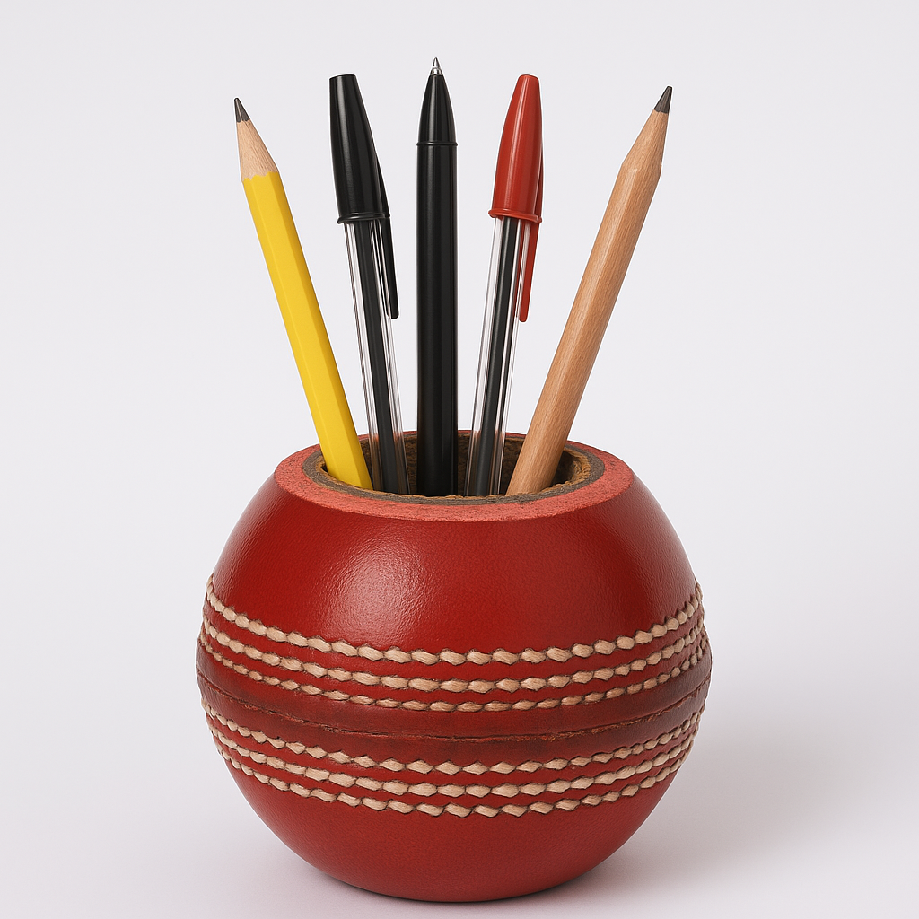 CRICKET-GIFTS - Cricket Ball Pen Holder |Cork & Rubber Core | Ideal Desk Accessory for Cricket Enthusiasts | Cricket Mugs & More, Leather