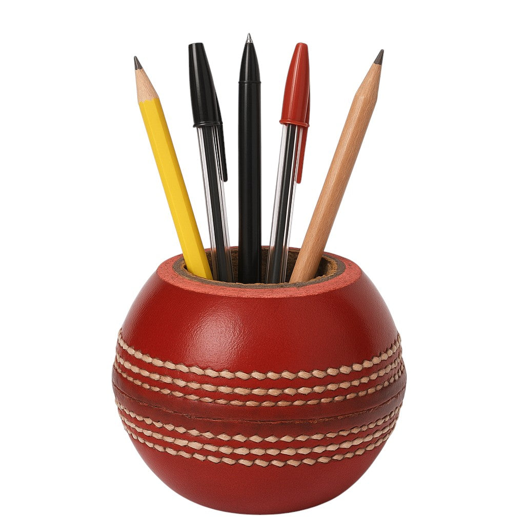 CRICKET-GIFTS - Cricket Ball Pen Holder |Cork & Rubber Core | Ideal Desk Accessory for Cricket Enthusiasts | Cricket Mugs & More, Leather