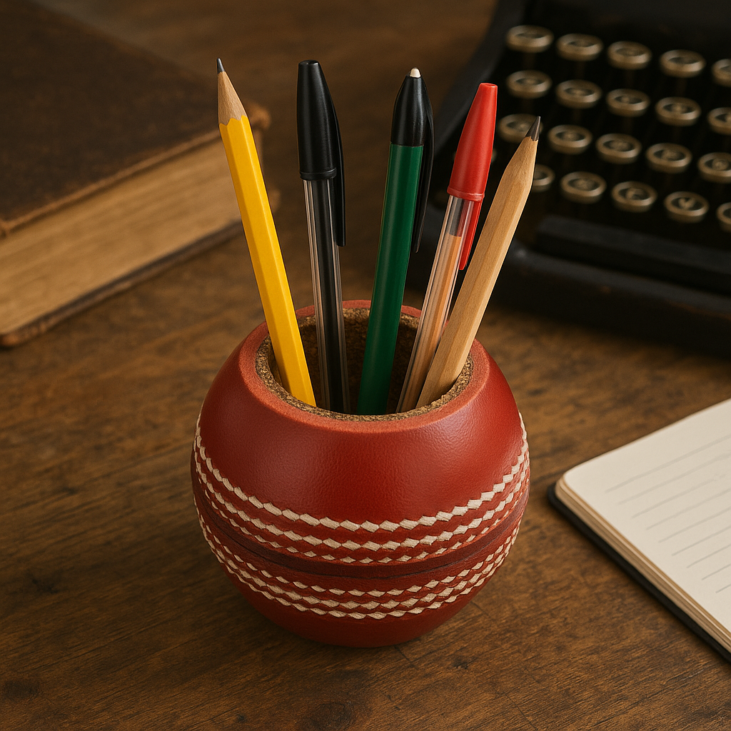 CRICKET-GIFTS - Cricket Ball Pen Holder |Cork & Rubber Core | Ideal Desk Accessory for Cricket Enthusiasts | Cricket Mugs & More, Leather