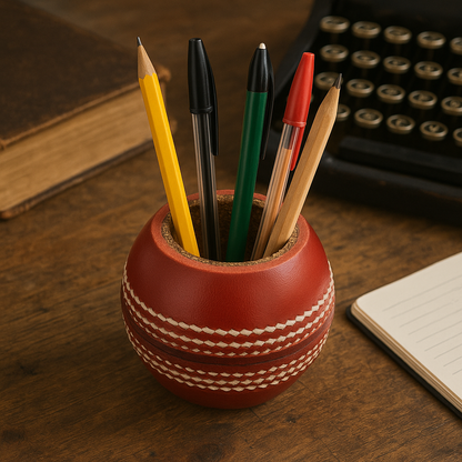 CRICKET-GIFTS - Cricket Ball Pen Holder |Cork & Rubber Core | Ideal Desk Accessory for Cricket Enthusiasts | Cricket Mugs & More, Leather
