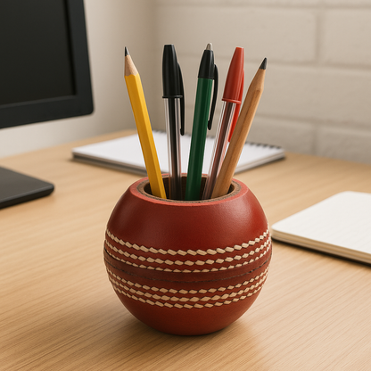 CRICKET-GIFTS - Cricket Ball Pen Holder |Cork & Rubber Core | Ideal Desk Accessory for Cricket Enthusiasts | Cricket Mugs & More, Leather