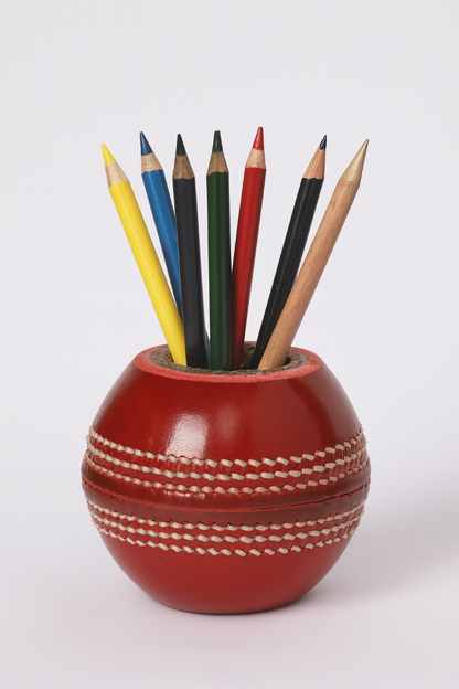 CRICKET-GIFTS - Cricket Ball Pen Holder |Cork & Rubber Core | Ideal Desk Accessory for Cricket Enthusiasts | Cricket Mugs & More, Leather