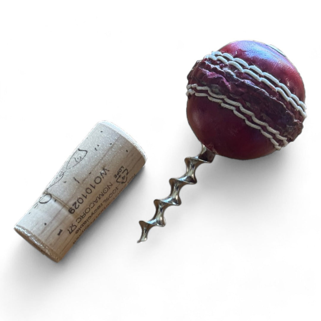 CRICKET-GIFTS - Mini Cricket Ball Wine Opener | Hand Made in UK | 4cm Ball & Metal Auger | Easy Wine Cork Removal | Not for Synthetic Corks | Cricket Wine Accessory, Multicoloured