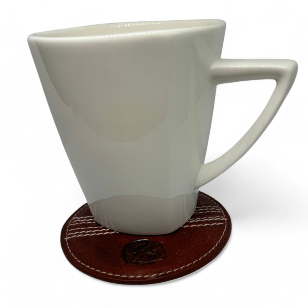 CRICKET-GIFTS - Buffalo Leather Coaster | White Cricket Ball Stitching | Durable & Elegant Design | Ideal for Dining & Coffee Tables | Cricket Ball Coaster, Red, One Size