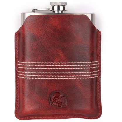 CRICKET-GIFTS - Buffalo Leather Hip Flask | 8oz Capacity | Red Leather Cover | Ideal for Cricket Enthusiasts | Includes Portable Pouch | Unique Cricket Stitching, Multicoloured, Metal