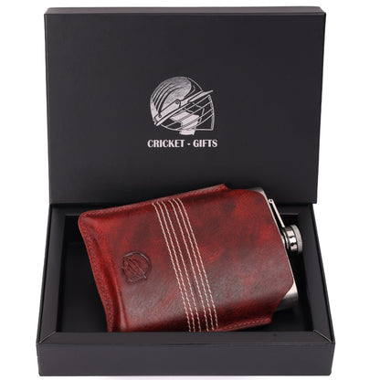 CRICKET-GIFTS - Buffalo Leather Hip Flask | 8oz Capacity | Red Leather Cover | Ideal for Cricket Enthusiasts | Includes Portable Pouch | Unique Cricket Stitching, Multicoloured, Metal