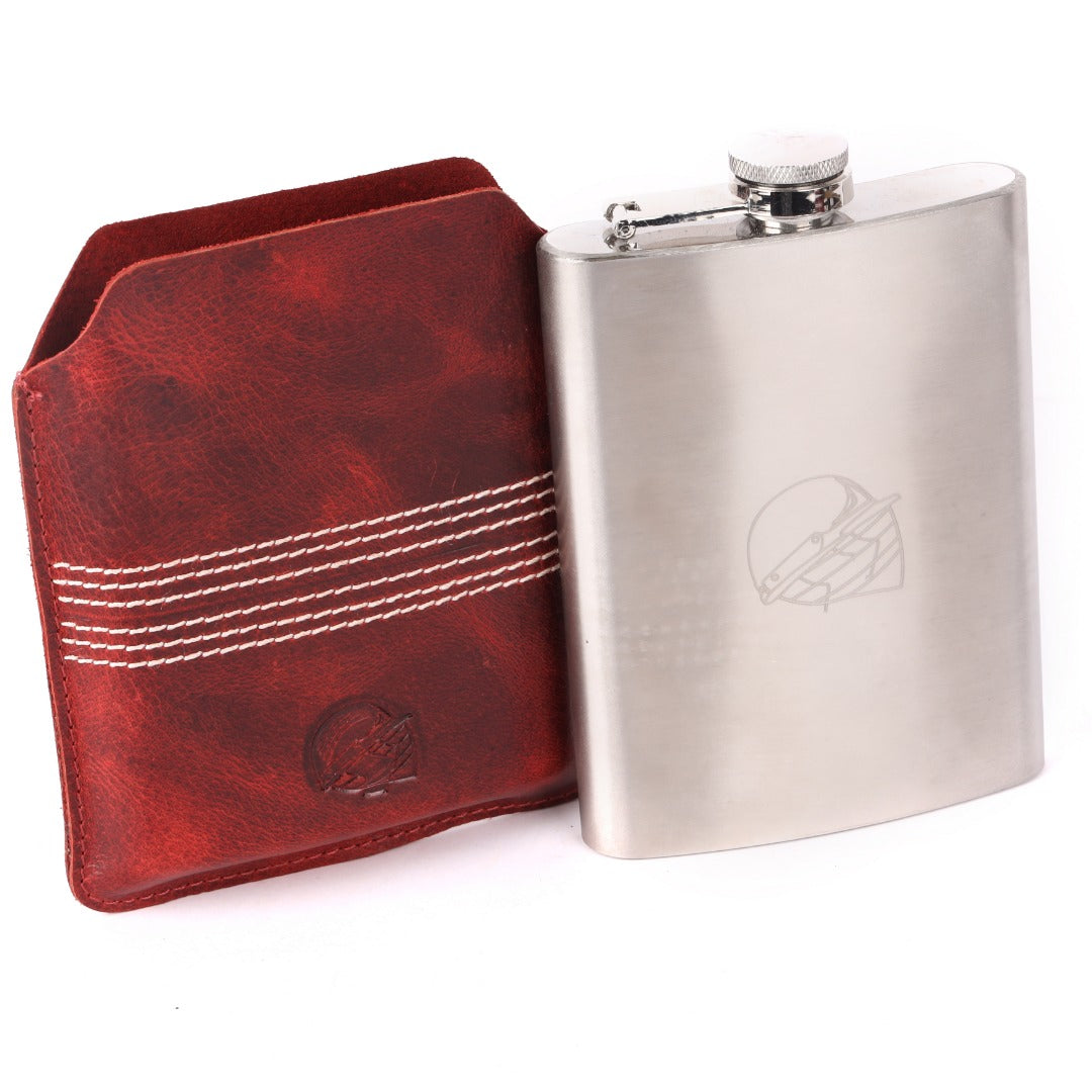 CRICKET-GIFTS - Buffalo Leather Hip Flask | 8oz Capacity | Red Leather Cover | Ideal for Cricket Enthusiasts | Includes Portable Pouch | Unique Cricket Stitching, Multicoloured, Metal