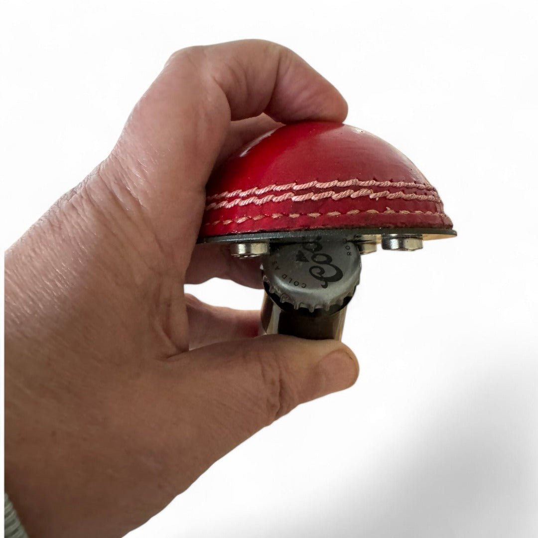 CRICKET-GIFTS - Half Cricket Ball Bottle Opener | Multipurpose Fridge Magnet & Paperweight | Durable Metal | Ideal for Cricket Enthusiasts | Compact 7.5 cm Design, Silver, Metal
