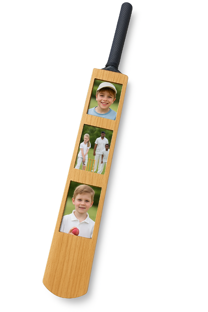 CRICKET-GIFTS Mini Bat Photo Frame ? 40cm Wooden Cricket Bat with 3 Passport-Style Photo Holders (Unvarnished or Finished)