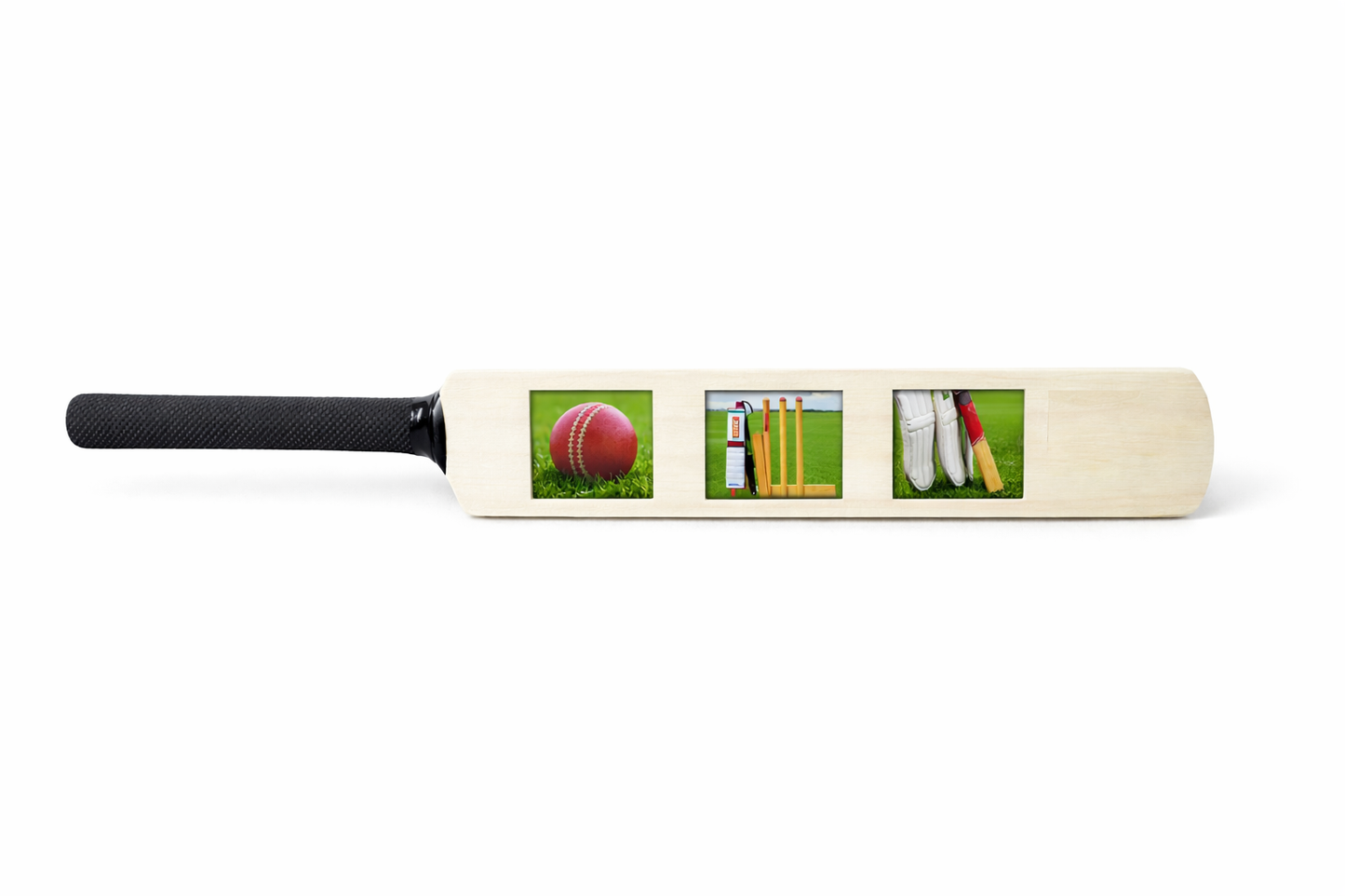 CRICKET-GIFTS Mini Bat Photo Frame ? 40cm Wooden Cricket Bat with 3 Passport-Style Photo Holders (Unvarnished or Finished)