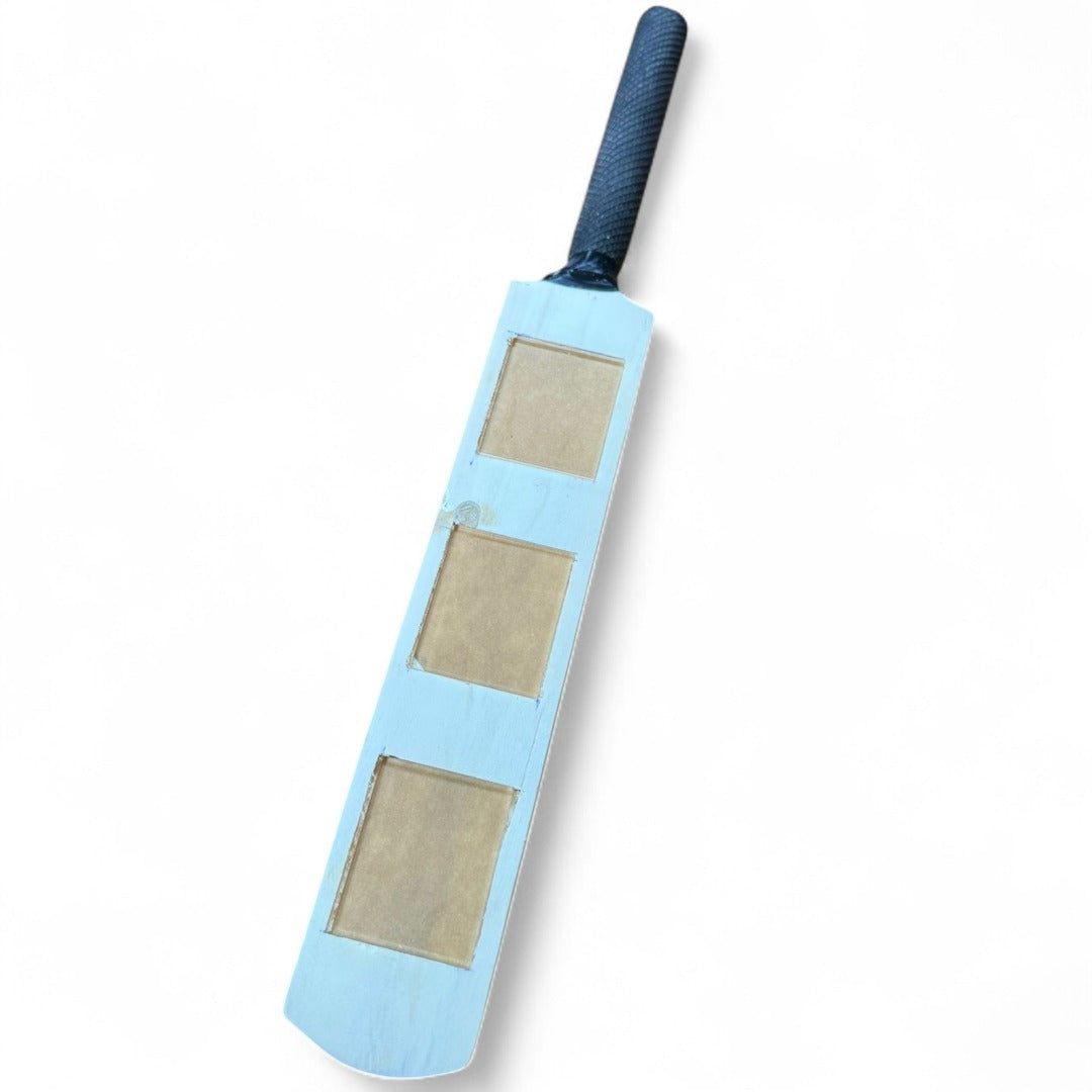 CRICKET-GIFTS Mini Bat Photo Frame ? 40cm Wooden Cricket Bat with 3 Passport-Style Photo Holders (Unvarnished or Finished)