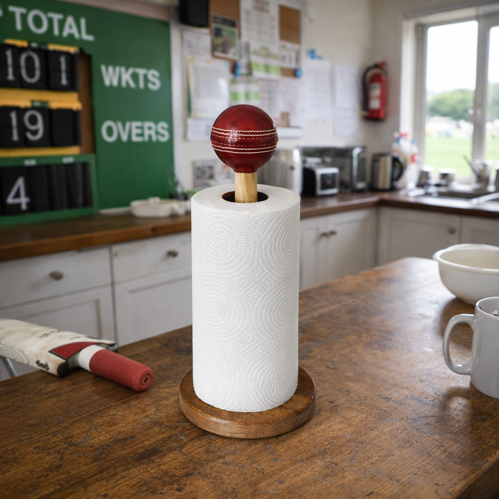 CRICKET-GIFTS Wooden Kitchen Roll Holder with Real Red Cricket Ball