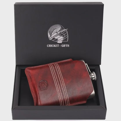 CRICKET-GIFTS - Buffalo Leather Hip Flask | 8oz Capacity | Red Leather Cover | Ideal for Cricket Enthusiasts | Includes Portable Pouch | Unique Cricket Stitching, Multicoloured, Metal