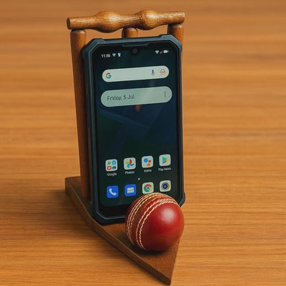CRICKET-GIFTS - Desktop Phone Holder | Real Wood Design | Ideal for Cricket Fans | 8-Inch Size Fits All Mobiles | Suitable for Office Desk | Cricket Ball & Wickets Style