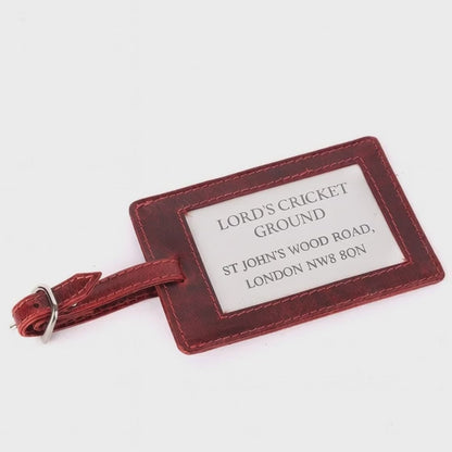 CRICKET-GIFTS - Buffalo Leather Luggage Tag | Red with White Cricket Ball Stitching | Durable & Stylish Travel Accessory | Personalizable ID Area | Love Cricket, OneSize